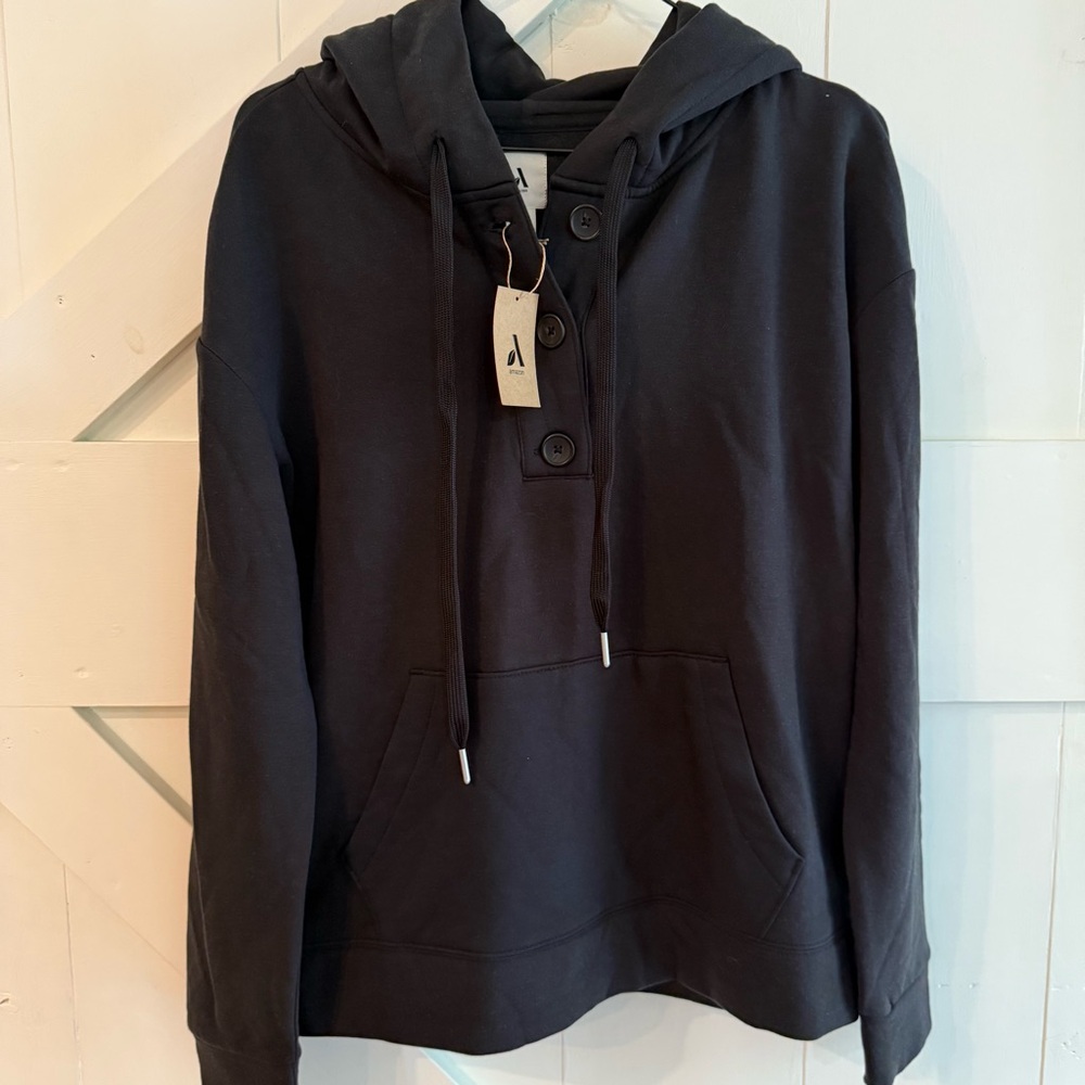 Amazon Black Hooded Sweatshirt 1/4 Button Front Pocket Medium New with Tags